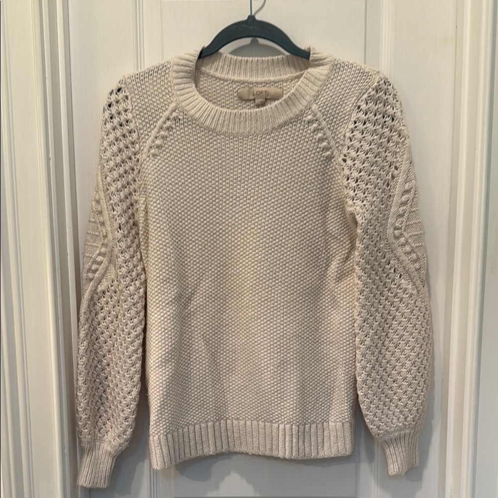 LOFT Cream Crew Neck Sweater with Textured Knit Design